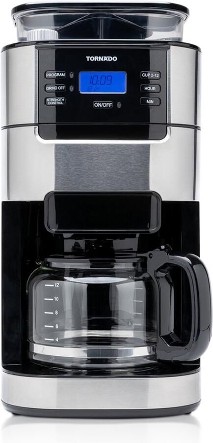 Tornado TCM-1025A-GS Koffiezetapparaat met Bonenmaler – Filterkoffiezetapparaat – 1 5L – 12 Kopjes – Timerfunctie – LCD Display – 1050W