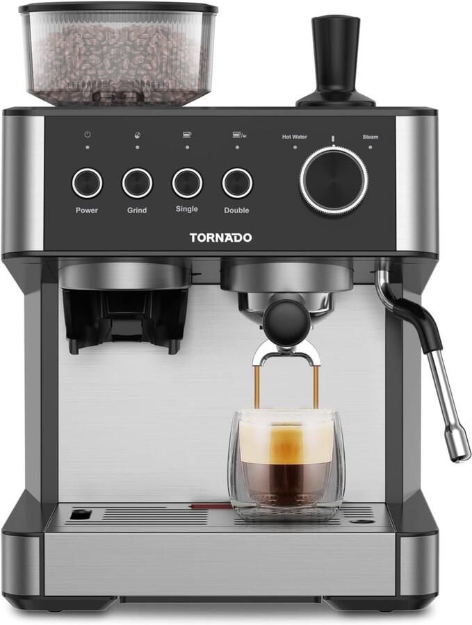 Tornado TCM-5431-GS – Pistonmachine 20Bar Home Barista Portafilter Koffiemachine met Conische Molen
