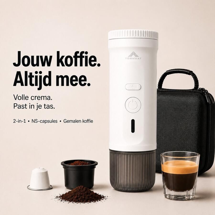 Torngat NomadBrew Go Draagbare Koffiemachine – Zelfverwarmende Espressomachine 20 Bar – Koffiezetapparaat voor Onderweg Auto Camping & Camper – NS-Capsules Gemalen Koffie – 7500mAh – Warme Koffie Zonder Waterkoker – Wit – Reis Koffieapparaat