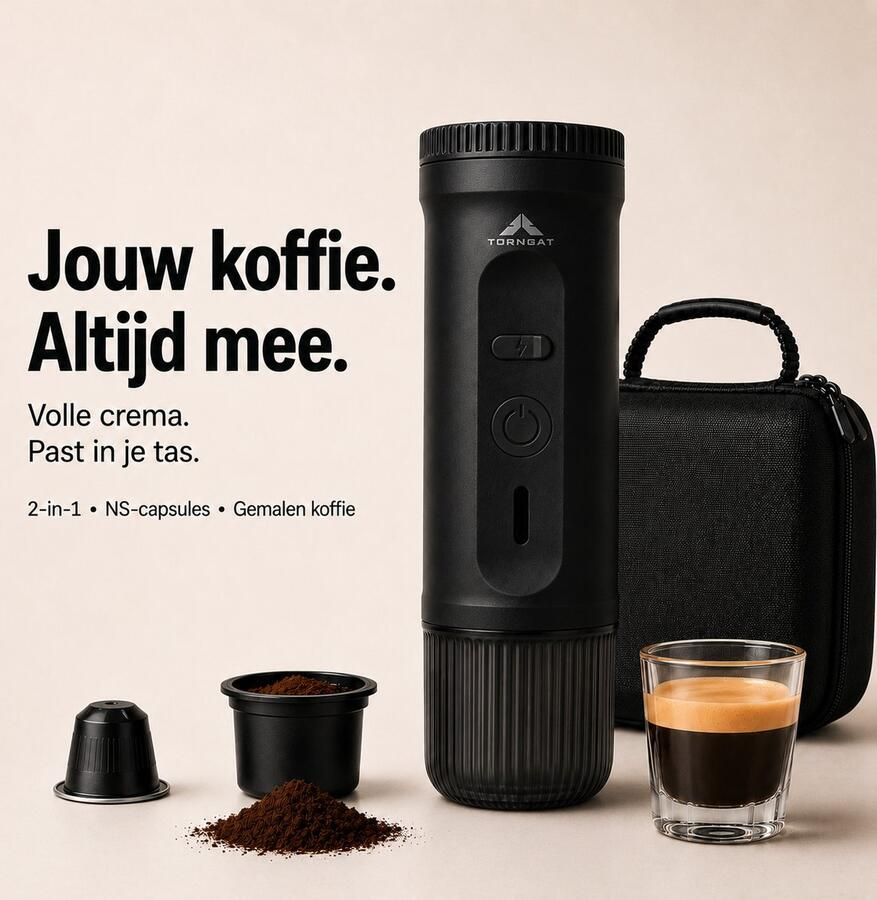 Torngat NomadBrew Go Draagbare Koffiemachine – Zelfverwarmende Espressomachine 20 Bar – Koffiezetapparaat voor Onderweg Auto Camping & Camper – NS-Capsules Gemalen Koffie – 7500mAh – Warme Koffie Zonder Waterkoker – Zwart – Reis Koffiemachine