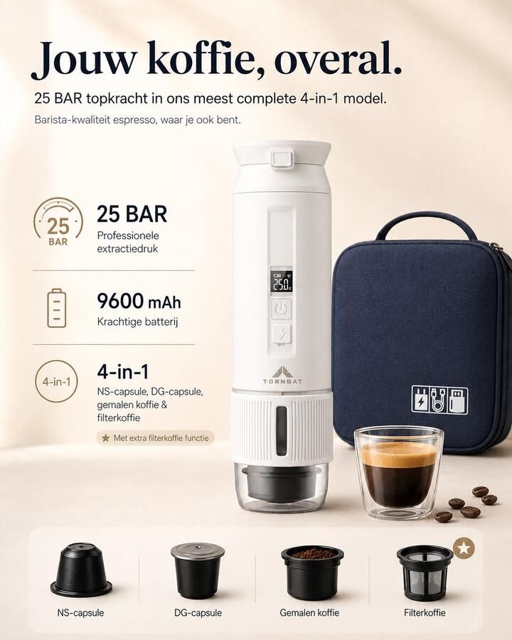 Torngat NomadBrew Ultra Draagbare Koffiemachine – 4-in-1 Zelfverwarmende Espressomachine 25 Bar – Auto Camping & Camper – NS DG-Capsules Gemalen Koffie & Filterkoffie – Afneembare Afsluitbare Beker – 9600mAh – Warme Koffie Zonder Waterkoker – Wit