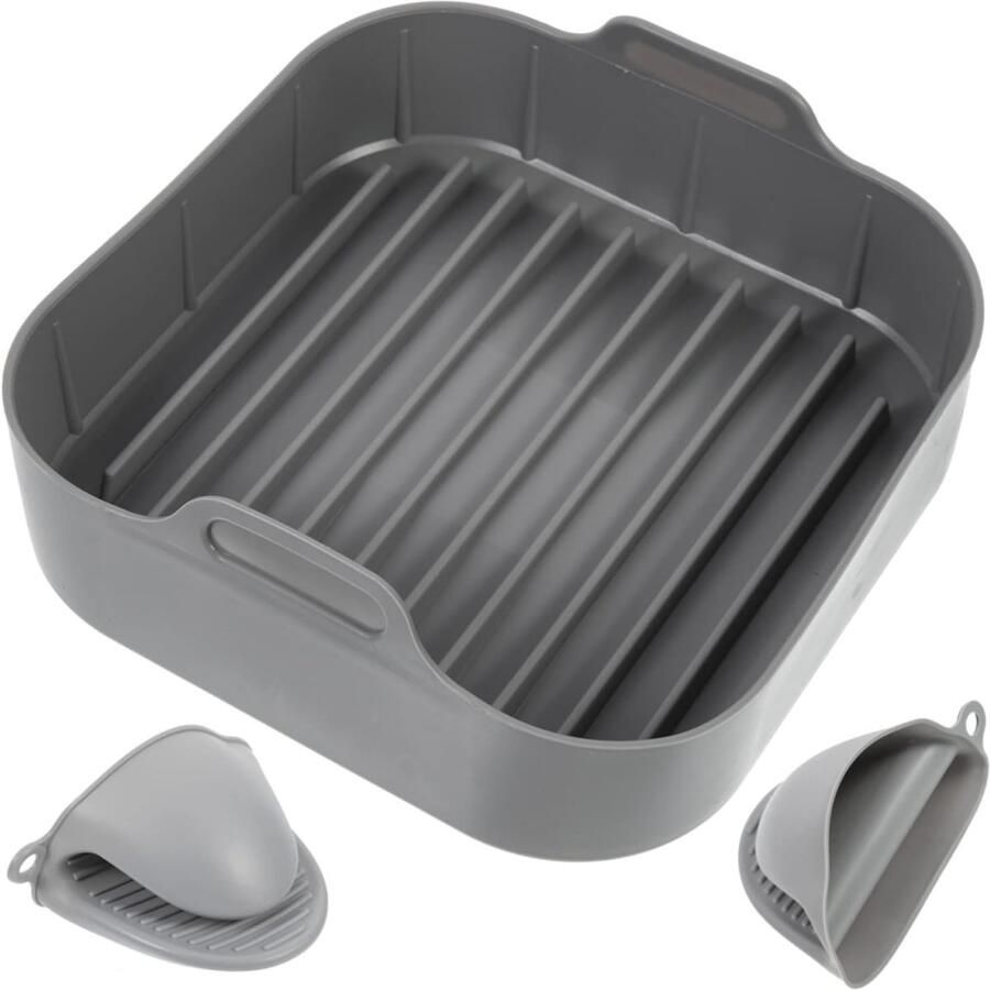 Tovbmup Airfryer accessoires Airfryer siliconen bakje vierkant set Siliconen ovenschaal Airfryer siliconen bakplaat accessoire Geschikt voor vierkante bakplaten ovens en kookplaten Antiaanbakmat Set van 3 stuks 20 cm Grijs