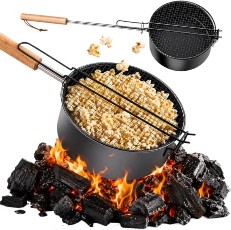 Traders Popcornpan van Koolstofstaal Popcorn Maker met Handgreep Herbruikbare Popcornpan voor Zelfgemaakte Popcorn op Kookplaat Zwart