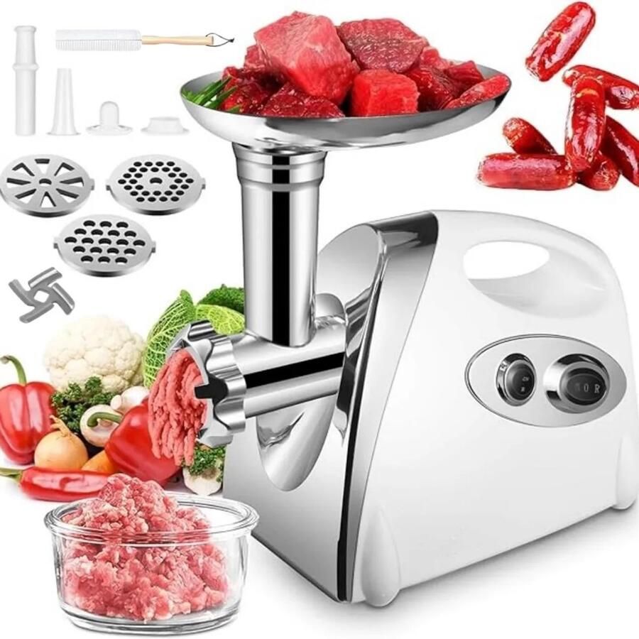 Traumheim 2800W Elektrische vleesmolen 3in1 keukenmachine super-intelligente oververhittingsbeveiliging worstmachine met 3 snijplaten 4 kegelvormige messen wit