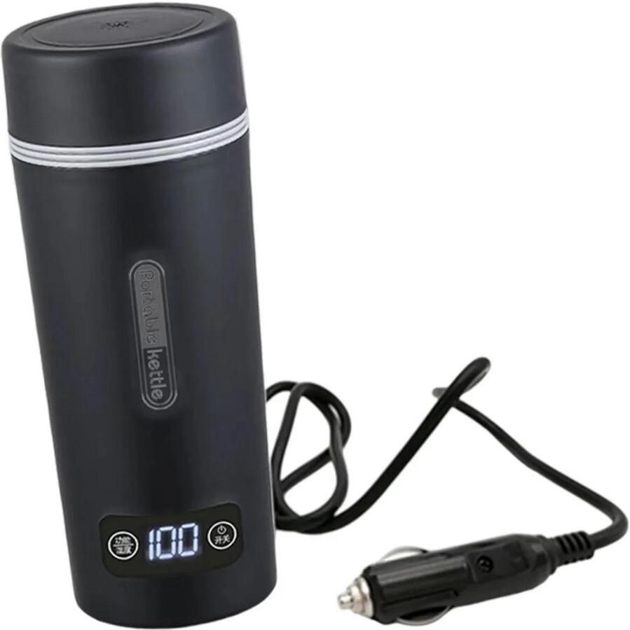 TravelHeat™ Draagbare Elektrische Waterkoker 12V– 350ml RVS – Instelbare Temperatuur tot 100°C – Mini Reis Waterkoker Auto Caravan Vrachtwagen – Compact & Snel Koken – Thermosfles Functie – Zwart