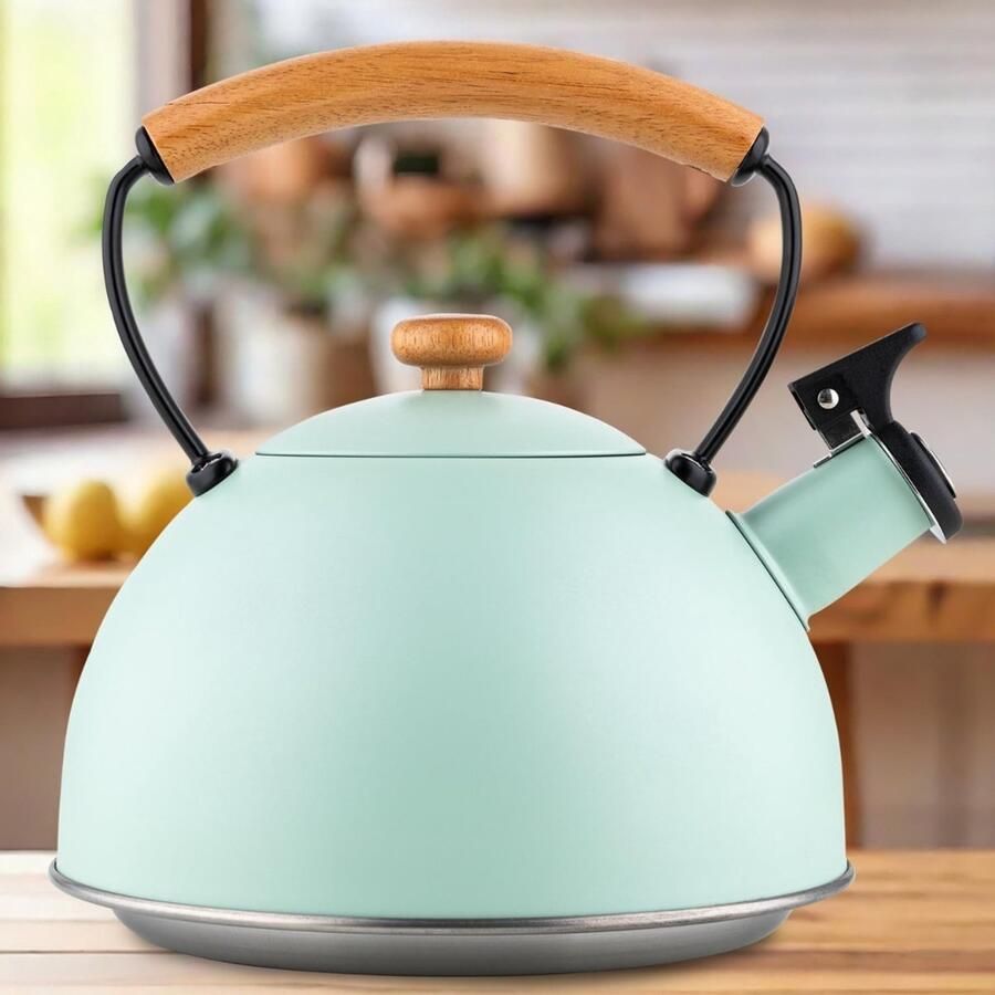 Trendly Waterkoker (2 3 l) I Roestvrijstalen Theeketel NATURA I Fluitketel met Houten Handvat I Automatisch Fluitje I Waterkoker voor Inductiekookplaat Gaskookplaat en Elektrische Kookplaat