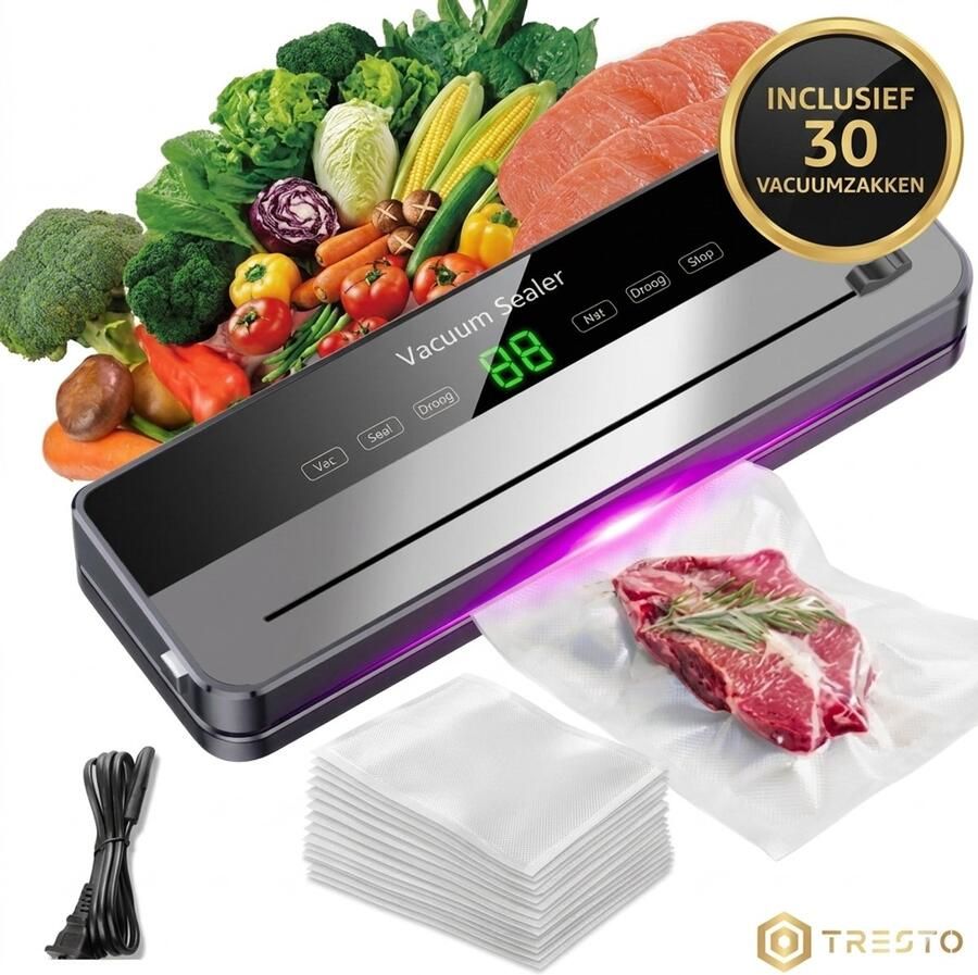 TRESTO Vacumeermachine Vacuüm Sealer Foodsaver Vacuümmachine met Slangaansluiting Inclusief 30 Vacuumzakken