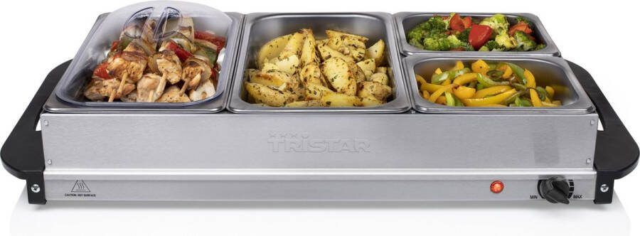 Tristar Buffetwarmer XL BP-6285 Buffet Serveerder en Warmhoudplaat 2 x 2.4 liter en 2 x 1 liter Warmhoudfunctie Inclusief deksel RVS