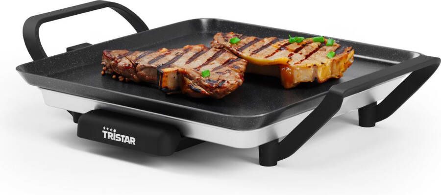 Tristar Grillplaat BP-2666 Grillplaat S: 28 x 28 cm Voor binnen en buiten geschikt voor camping BPA Free Gourmet bakplaat voor op tafel 2 personen Met regelbare thermostaat Anti-aanbaklaag Geschikt voor op camping Zwart