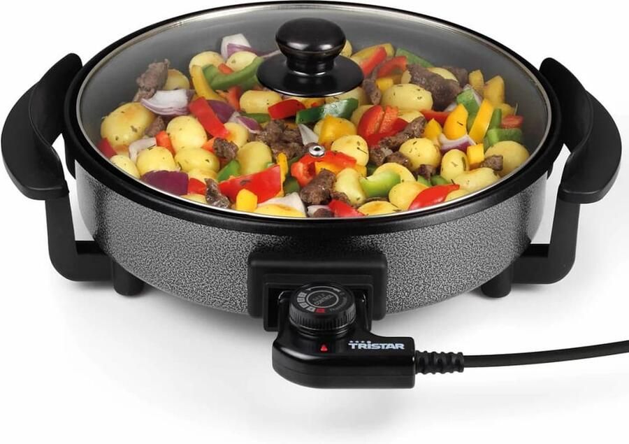 Tristar Hapjespan PZ-2963 – Elektrische Hapjespan met Deksel 30 cm – Snackpan XL Anti-aanbaklaag en Regelbare Thermostaat 1500W Maximale temperatuur 280⁰ C Zwart