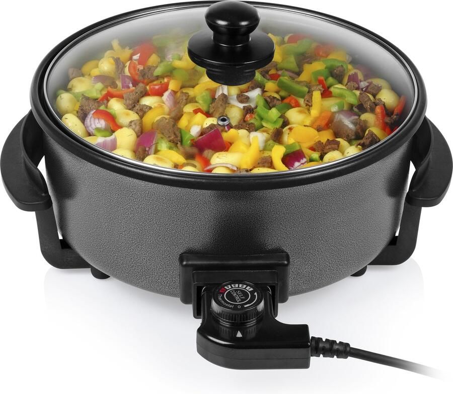 Tristar PZ-9135 Hapjespan – Elektrische Hapjespan met Deksel 30 cm – Snackpan XL Anti-aanbaklaag en Regelbare Thermostaat – Maximaal 250 ⁰C- Zwart