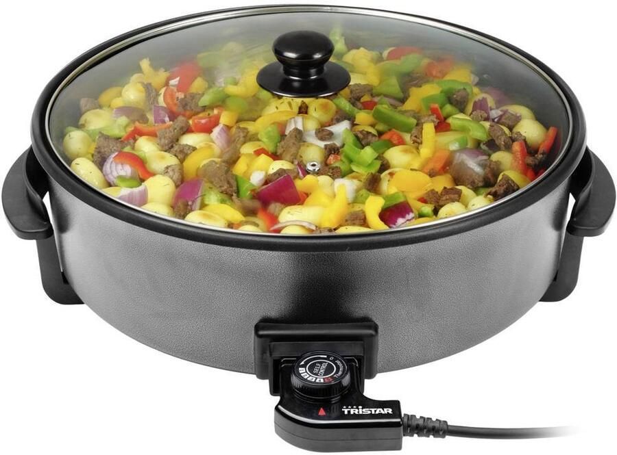 Tristar Hapjespan PZ-9145 Elektrische Hapjespan met Deksel 40 cm Snackpan XXL Partypan met Anti-aanbaklaag en Regelbare Thermostaat Maximaal 250 ⁰C Zwart