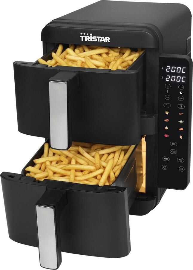 Tristar FR-9074 Dubbele airfryer XXL 9L 2 onafhankelijke kookzones Dubbele gestapelde lades 8 kookprogramma's 2400W vermogen PFAS-vrij Bespaart 45% Ruimte Voor 6 personen