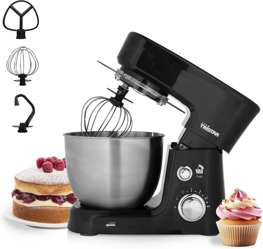 Tristar Keukenmachine MX-4830 Keukenmixer met Mengkom 3.5 Liter Inclusief 3 deeghaken voor kloppen kneden en mixen Keukenrobot 6 programma's 700 Watt Zwart - Foto 2