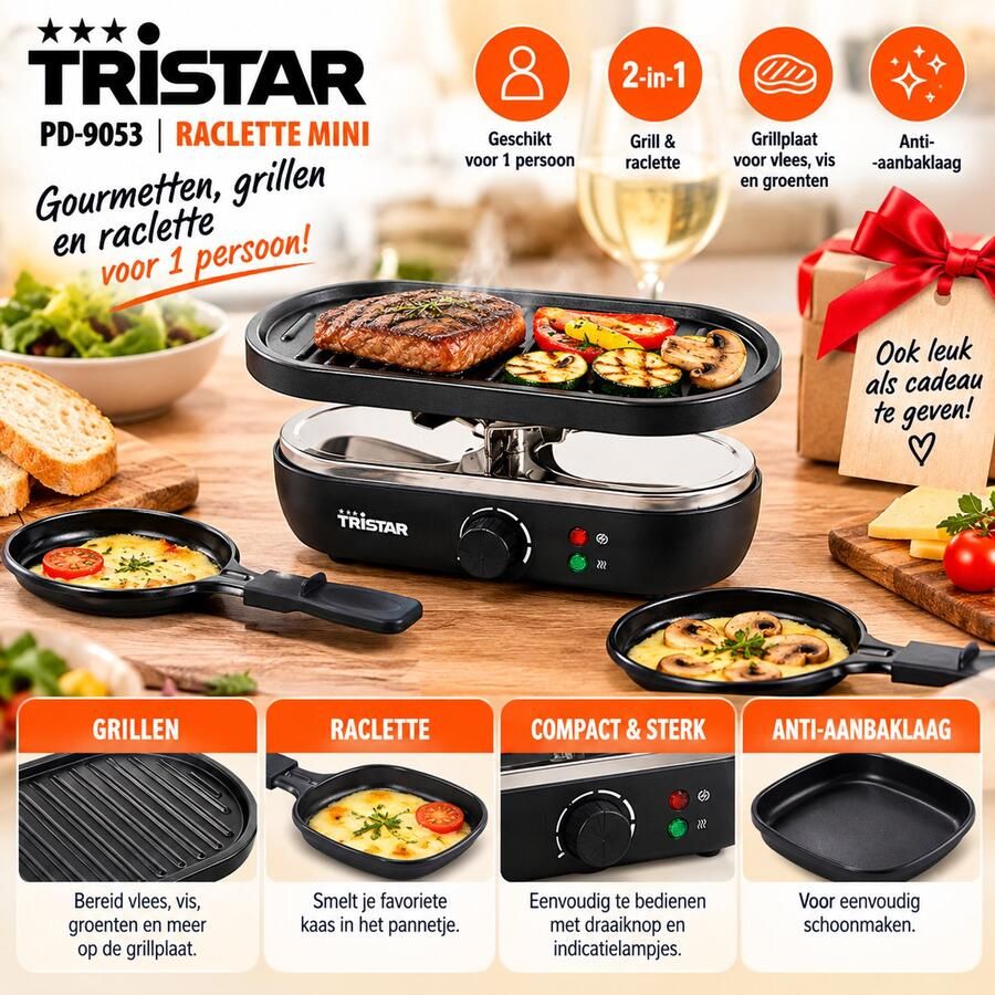 Tristar PD-9053 Raclette Mini – 3-in-1 – Gourmet & Grill – Voor 1 Personen – 2 Raclettepannetjes – Anti-aanbaklaag – Zwart Kerst kado