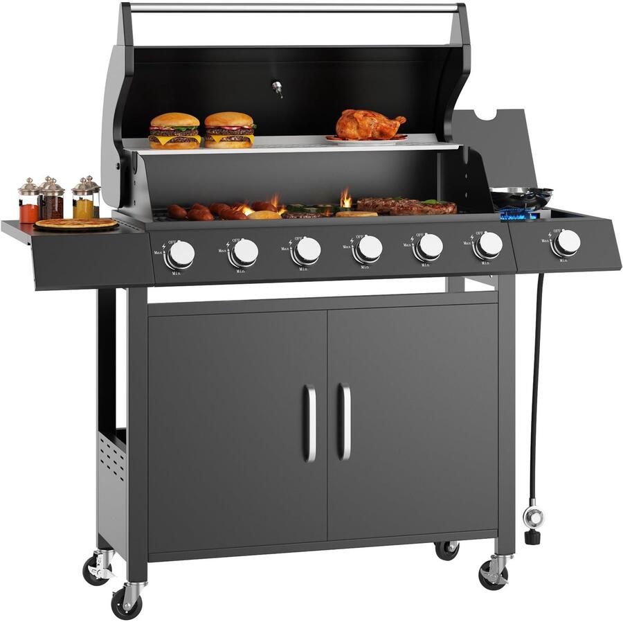 Triumpunpre 7-Brander Propane Gas Grill – 60.000 BTU Buiten BBQ met Zijbrander 6 Hoofdbranders + 1 Zijbrander (12.000 BTU) RVS + IJzeren Constructie Inclusief Warmhoudrek & Opbergkast – Geschikt voor 8–10 Personen