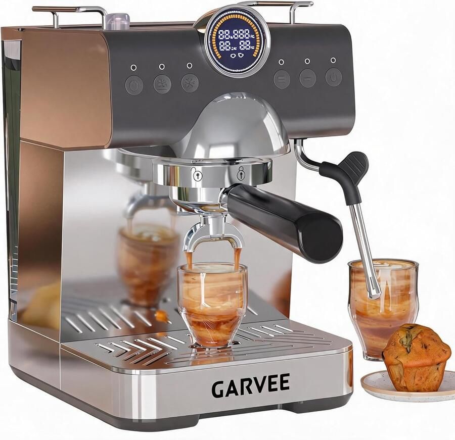 Triumpunpre Espressomachine met Stoompijp 20x27x31cm Compacte Koffiemachine Plastic Behuizing Thermoblock Melkopschuimer 1.5L Watertank Voor Espresso En Latte Zilver