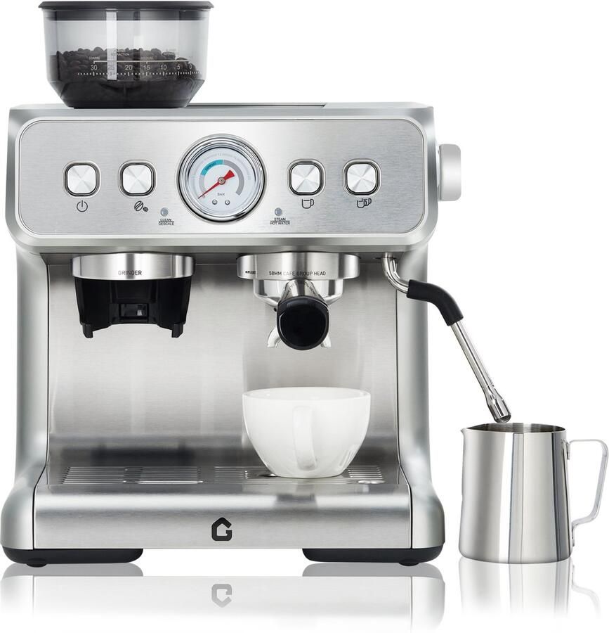 Triumpunpre Espressomachine RVS met Bonenmaler 42x40x48cm Koffiemachine 20 Bar Druk 1400W Afneembare 2.8L Watertank met Stoompijp Voor Thuis En Kantoor Zilver
