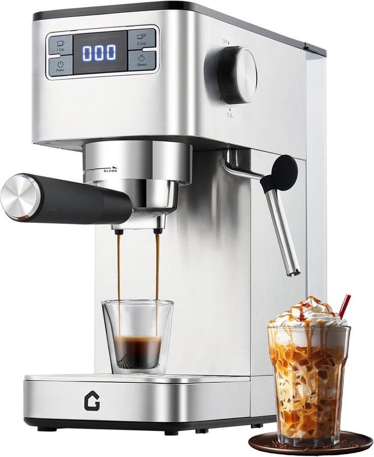 Triumpunpre Espressomachine RVS met Stoompijp 14x30x30cm Compact Koffiemachine 20 Bar Druk Afneembare 1.4L Watertank Makkelijk Te Reinigen Lekbak Compact Voor Thuis En Kantoor Zilver