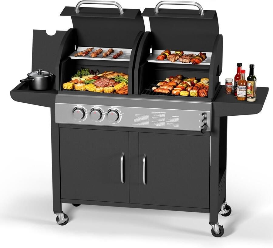 Triumpunpre Grote Gas & Houtskool Combibril met Zijbrander 3 Branders BBQ voor Grote Gezinnen Buiten Grill met Deksel en Thermometer 24.000 BTU RVS Barbecue voor Tuinfeest