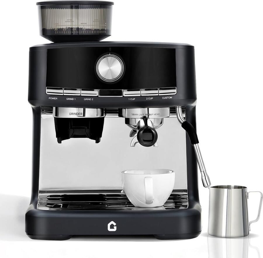 Triumpunpre Kunststof Espressomachine met Bonenmaler en Porthouder Melkopschuimer 42x40x48cm Halfautomatische Koffiemachine 20 Bar Druk 1.5L Watertank Zwart
