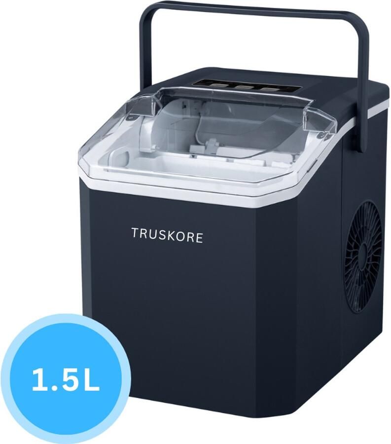 Truskore IJsblokjesmachine – IJsblokjesmakers – Snel IJs in Slechts 6-8 Minuten – 1 5L Waterreservoir – 2 IJsblokjesformaten – Met IJsschep – Compact & Stil – Zwart