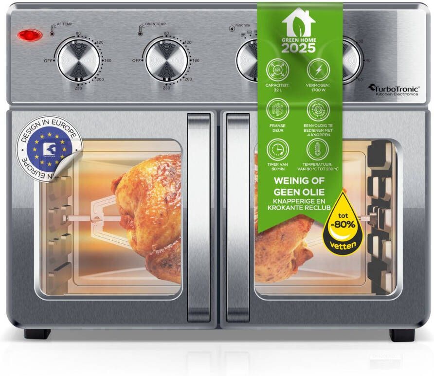 TurboTronic AF32MFD Airfryer Oven XXL – Dubbele Deur – 32L Vrijstaande Mini Oven – Heteluchtoven – Zilver - Foto 3