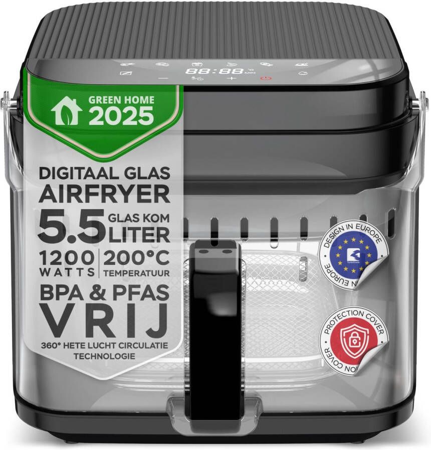 TurboTronic AFG5 Airfryer XXL met glazen bak- BPA & PFAS Vrij 5.5L Heteluchtfriteuse Dual Heating 40ºC tot 200ºC 8 Kookprogramma's Zwart