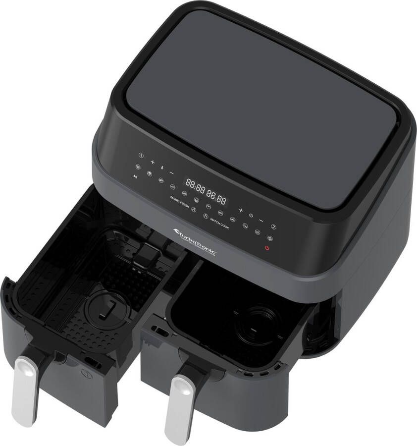 TurboTronic Airfryer XXL DualChef 9L 1600W Heteluchtfriteuse Dubbele Mand 2 x 4.5L 50ºC tot 200ºC 10 Kookprogramma's Grijs