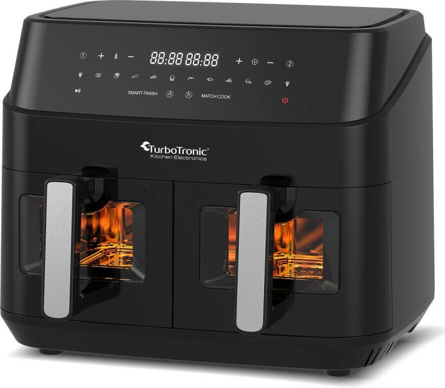 TurboTronic Airfryer XXL DualChef 9L 1600W Heteluchtfriteuse Dubbele Mand 2 x 4.5L 50ºC tot 200ºC 10 Kookprogramma's Zwart