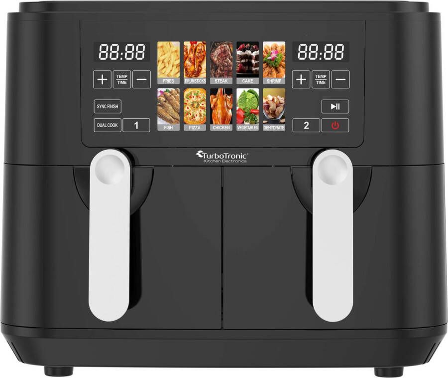 TurboTronic Airfryer XXL DualChef 9L 1600W Heteluchtfriteuse Dubbele Mand 2 x 4.5L 50ºC tot 200ºC 10 Kookprogramma's Zwart