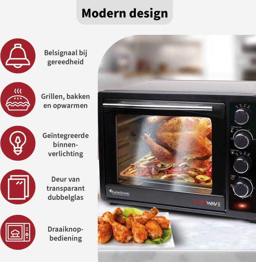TurboTronic EV35 Elektrische vrijstaande oven 35 Liter Compact Mini Grillen bakken en opwarmen Hete lucht Max. 230 graden Timer Draaispit 1600W - Foto 2