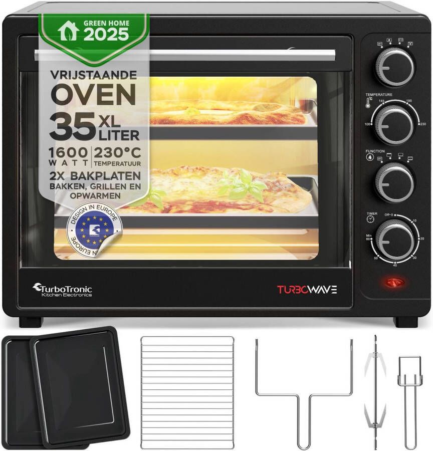 TurboTronic EV35 Elektrische vrijstaande oven 35 Liter Compact Mini Grillen bakken en opwarmen Hete lucht Max. 230 graden Timer Draaispit 1600W - Foto 3