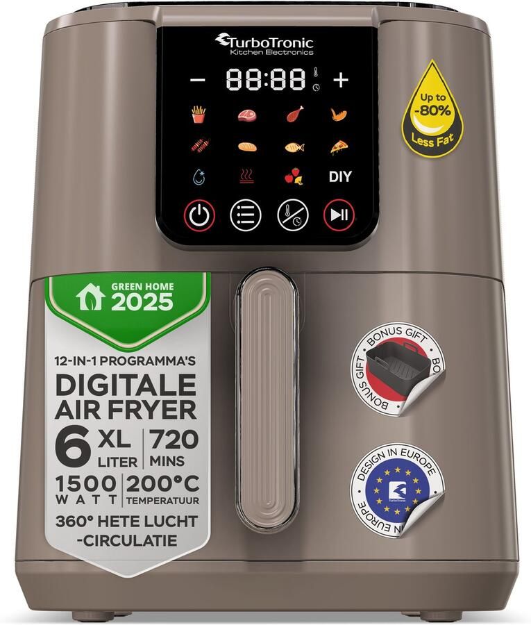 TurboTronic AF-250 Airfryer XL AirChef 6L- Heteluchtfriteuse Dual Heating 50ºC tot 200ºC 12 Kookprogramma's Truffle Grey