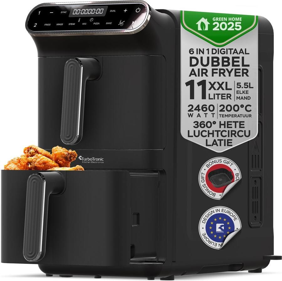 TurboTronic AF-500D Dubbele Airfryer 11L Airfryer XXL Heteluchtfriteuse Dual Heating 50ºC tot 200ºC 6 Kookprogramma's Zwart