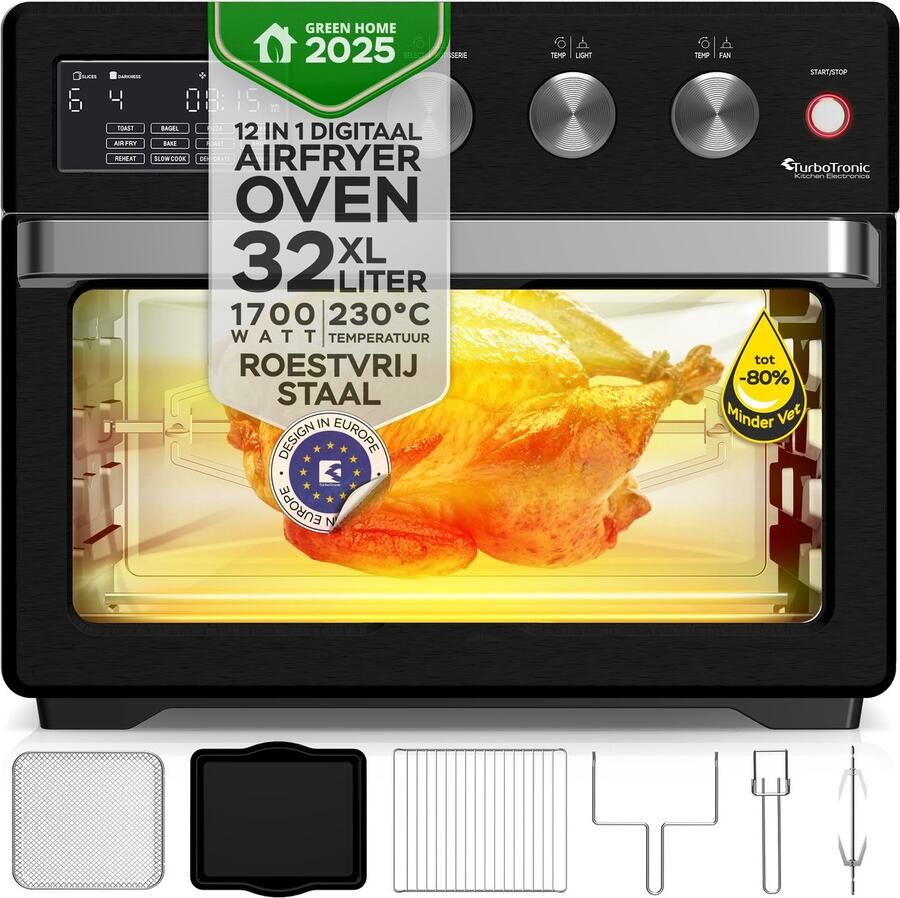 TurboTronic AF32DRD Airfryer XXL en Mini Oven – 32 Liter – Vrijstaande Oven – 12 Kookprogramma s – 25° tot 230°C – Zwart