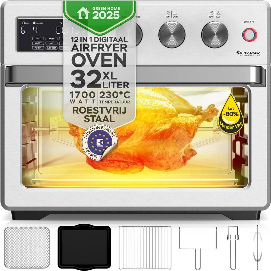 TurboTronic AF32DRD Airfryer XXL en Mini Oven – 32 Liter – Vrijstaande Oven – 12 Kookprogramma s – 25° tot 230°C – Zilver