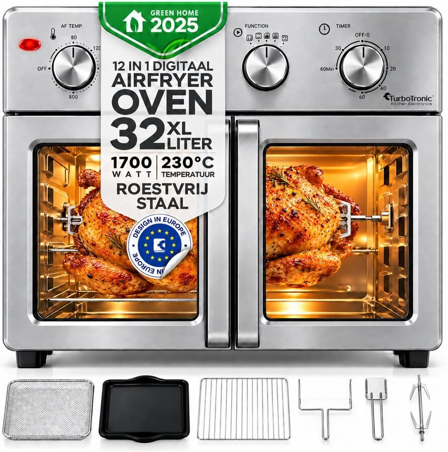 TurboTronic AF32MFD Airfryer Oven XXL – Dubbele Deur – 32L Vrijstaande Mini Oven – Heteluchtoven – Zilver