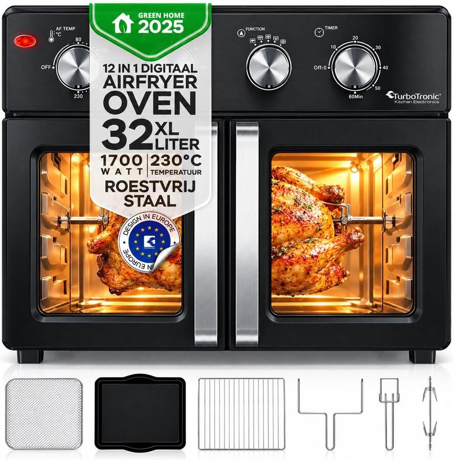 TurboTronic AF32MFD Airfryer Oven XXL – Dubbele Deur – 32L Vrijstaande Mini Oven – Heteluchtoven – Zwart
