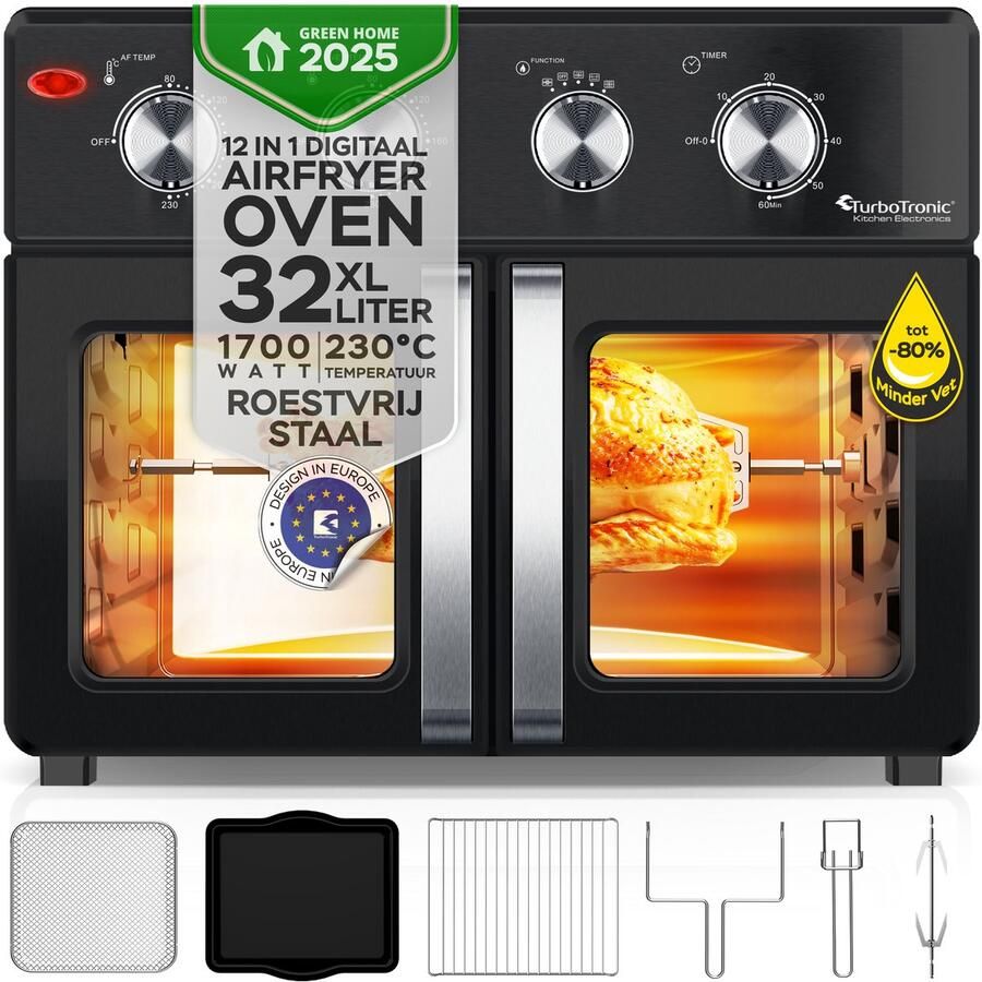 TurboTronic AF32MFD Airfryer Oven XXL – Dubbele Deur – 32L Vrijstaande Mini Oven – Heteluchtoven – Zwart - Foto 2