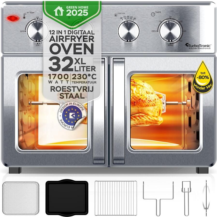 TurboTronic AF32MFD Airfryer Oven XXL – Dubbele Deur – 32L Vrijstaande Mini Oven – Heteluchtoven – Zilver - Foto 2