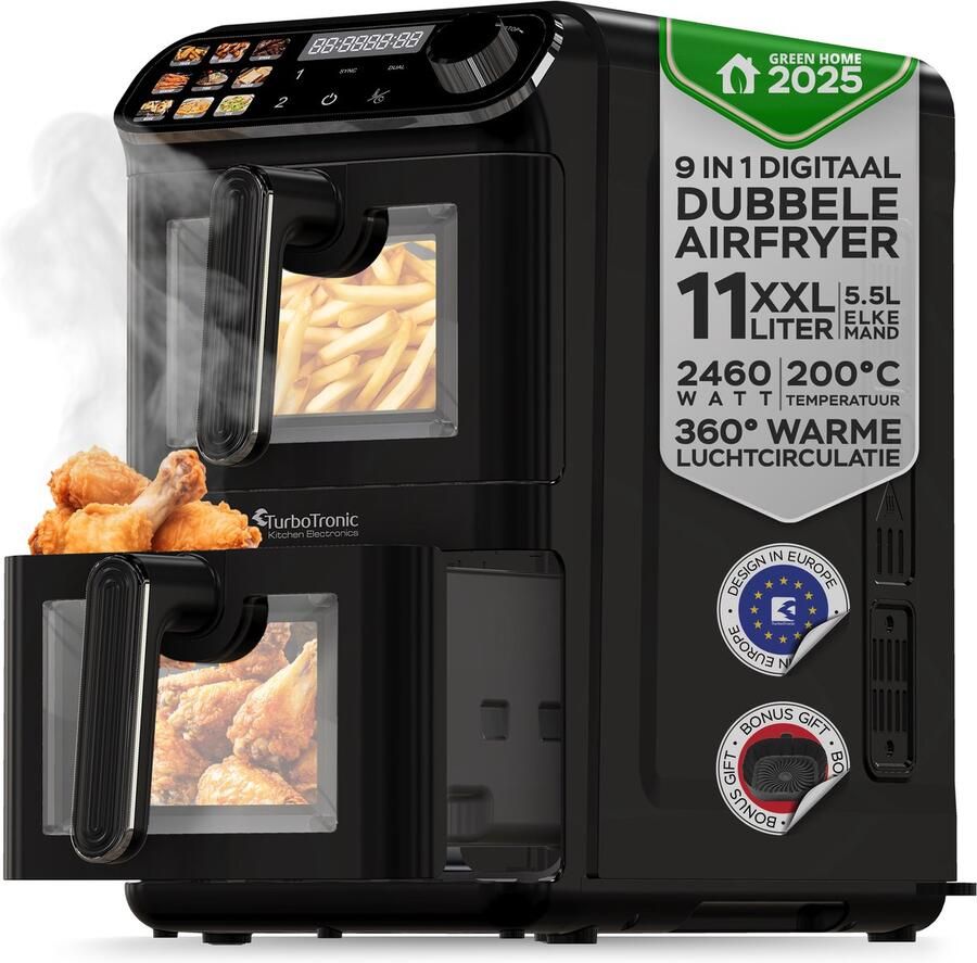 TurboTronic AF510D Dubbele Airfryer 11L Airfryer XXL Heteluchtfriteuse Dual Heating 50ºC tot 200ºC 6 Kookprogramma's Zwart