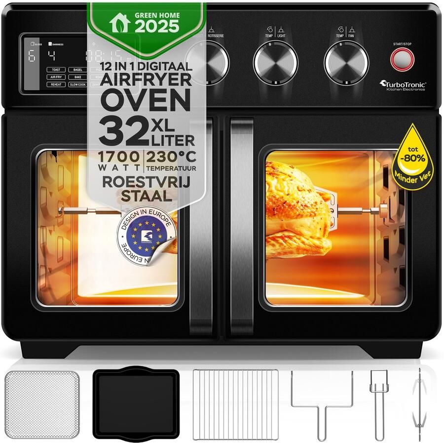 TurboTronic AFD32 Airfryer XXL en Oven – Dubbele Deur 32 Liter – Extra accessoires 12 kookprogramma's Timer tot 99 min. 25 tot 230 graden Zwart