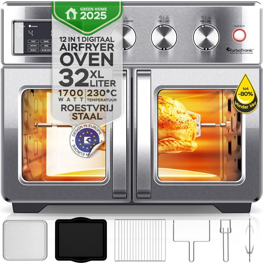 TurboTronic AFD32 Airfryer XXL en Oven – Dubbele Deur 32 Liter – Extra accessoires 12 kookprogramma's Timer tot 99 min. 25 tot 230 graden Zilver