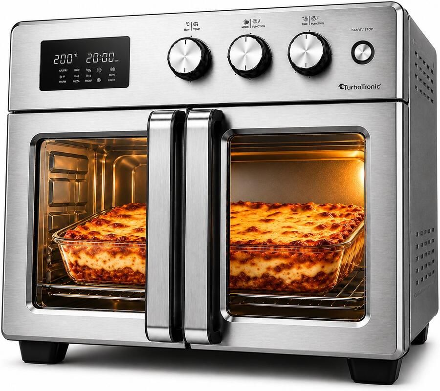 TurboTronic AFD32 Airfryer XXL en Oven – Dubbele Deur 32 Liter – Extra accessoires 12 kookprogramma's Timer tot 99 min. 25 tot 230 graden Zilver - Foto 3