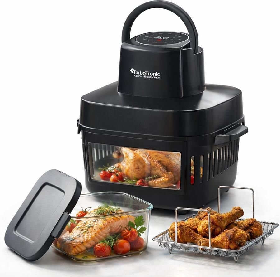 TurboTronic AFG6 Airfryer XXL met glazen bak- BPA & PFAS Vrij 6L Heteluchtfriteuse Dual Heating 50ºC tot 180ºC 8 Kookprogramma's Zwart