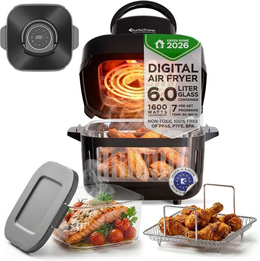 TurboTronic AFG6 Airfryer XXL met glazen bak- BPA & PFAS Vrij 6L Heteluchtfriteuse Dual Heating 50ºC tot 180ºC 8 Kookprogramma's Zwart