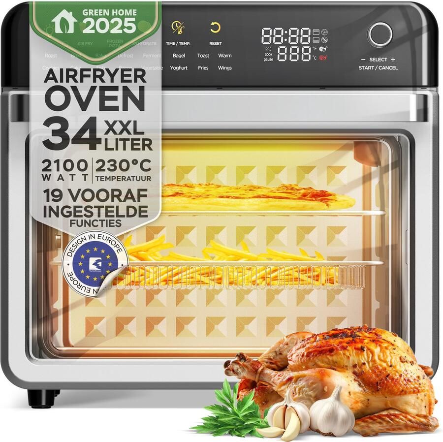 TurboTronic AFO330 AirChef Pro – Airfryer Oven – 34L – 19 Programma s – 40°C tot 230°C – Heteluchtoven – 2100W – RVS – Multi Smart Oven Zilver