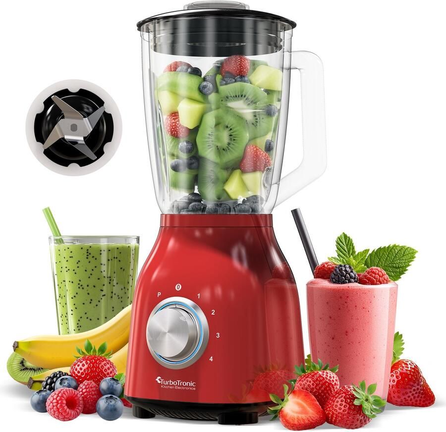 TurboTronic BG6 Blender Met glazen kan Smoothie blender Smoothie maker RVS Rood BPA Vrij