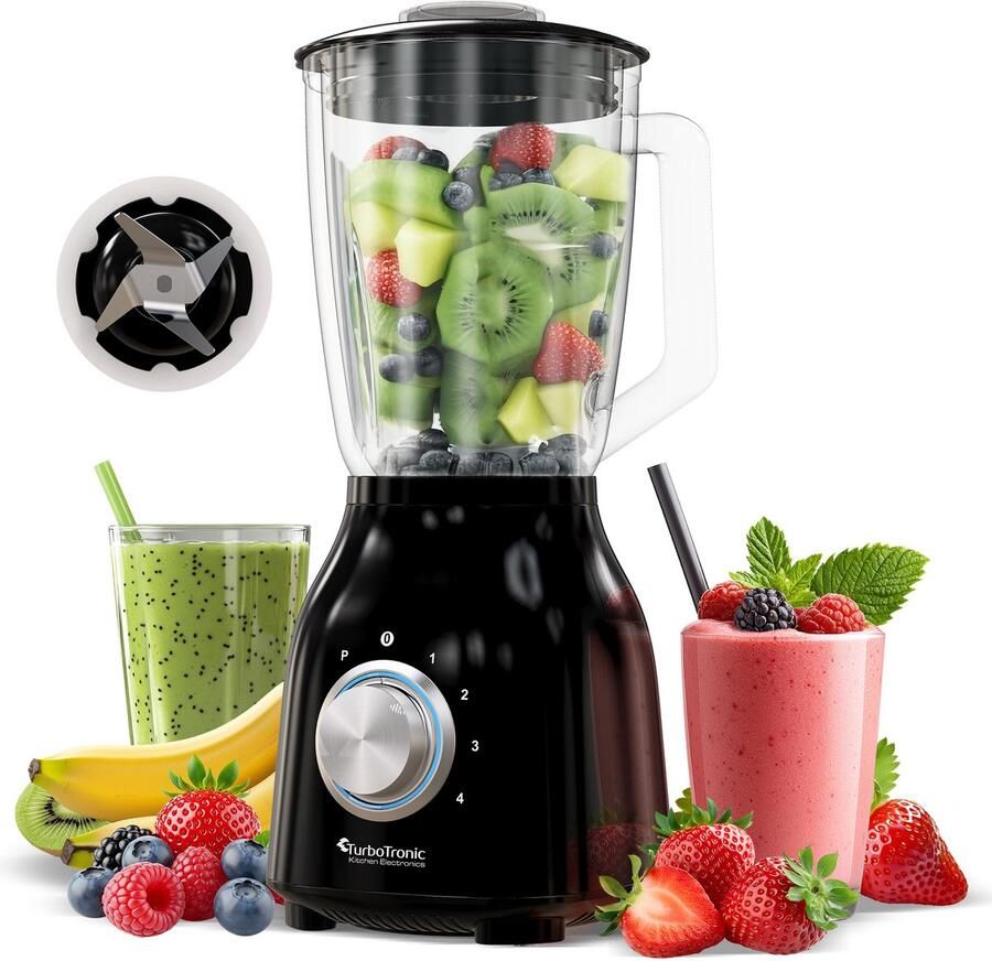 TurboTronic BG6 Blender Met glazen kan Smoothie blender Smoothie maker RVS Zwart
